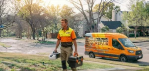 remium Garage Door Repair technician carrying tools while the company service van is parked on a suburban Melbourne street