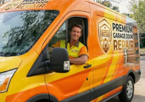 Premium Garage Door Repair technician sitting inside the branded service van and smile