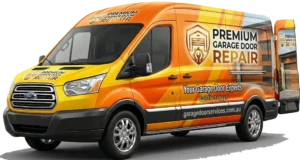 Premium Garage Door Repair service van in Melbourne with full orange and yellow branding
