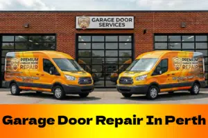 Premium Garage Door Repair service vans parked outside the company’s garage door service centre in Perth