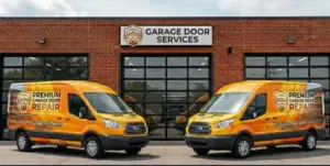 wo Premium Garage Door Repair service vans parked outside the company’s garage door service centre in Melbourne